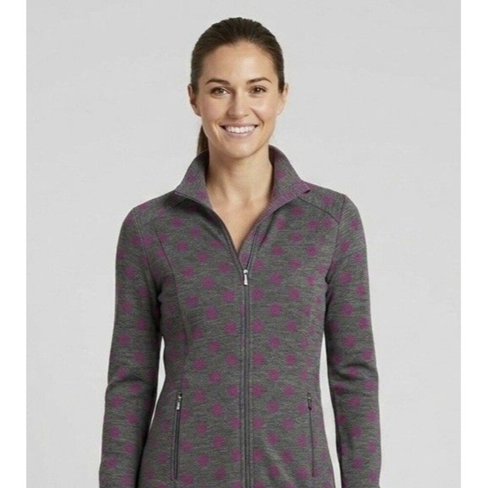 Ibex Womens Medium Merino Wool Full Zip Jacket Tunic Gray Purple Polka Dot